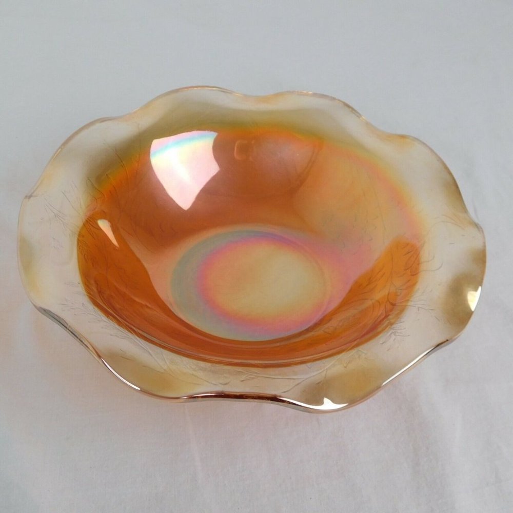 Vintage Marigold Orange Carnival Glass Bowl Ruffled Lip 9.5" Vine Flower Pattern - Picture 6 of 6